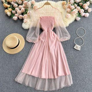 Round-neck Puff-sleeve Dots Mesh Dress