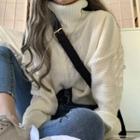 Long-sleeve Turtleneck Cable Knit Sweater White - One Size