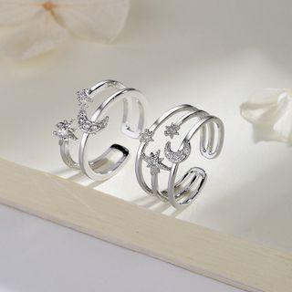 Moon & Star Rhinestone Layered Sterling Silver Open Ring