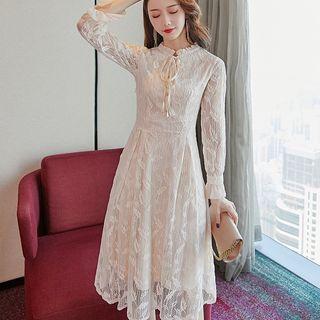 Flare-cuff Midi A-line Lace Dress