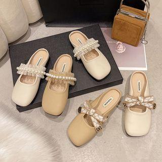 Bow / Faux Pearl Faux Leather Slide Sandals