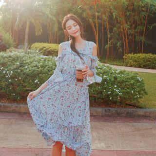 Cutout-shoulder Frilled Floral Long Dress