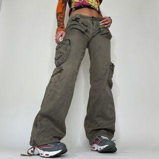 Low Rise Pocket Loose-fit Wide-leg Washed Cargo Pants