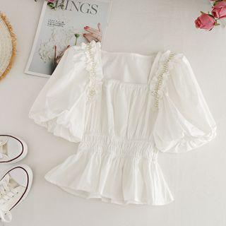 Pearl Ruffle Puff-sleeve Blouse White - One Size