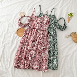 Set: Spaghetti-strap Print A-line Dress