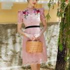 Short-sleeve Floral Lace Sheath Dress