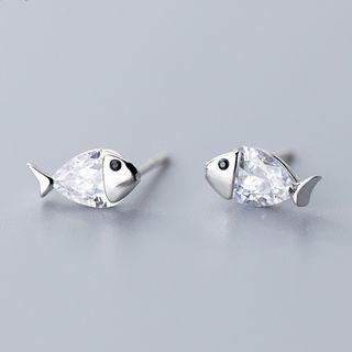 925 Sterling Silver Rhinestone Fish Earring 1 Pair - S925 Silver - Silver - One Size