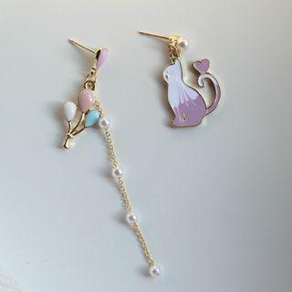 Non-matching Faux Pearl Cat Dangle Earring 1 Pair - White & Pink & Blue & Purple - One Size