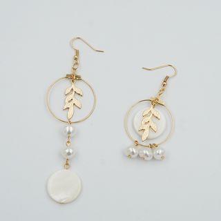 Non-matching Faux-pearl & Leaf Hoop Earrings