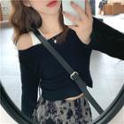 Plain Long-sleeve Crop Top / Corduroy Print Loose-fit Pants