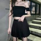 Spaghetti Strap One-shoulder Crop Top / Pleated A-line Mini Skirt