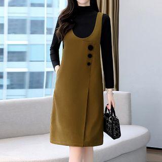 Set: Long-sleeve Mock-neck T-shirt + Button-up Overall Dress