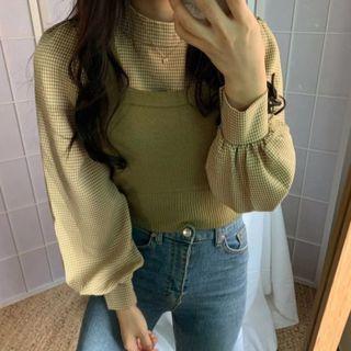 Set: Long-sleeve Gingham Check Blouse + Knit Camisole Top