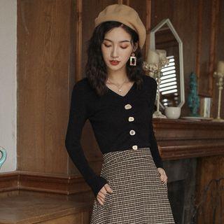 Plain V-neck Knit Sweater Black - One Size
