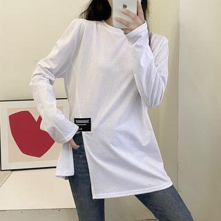 Applique Asymmetrical Slit Long-sleeve T-shirt