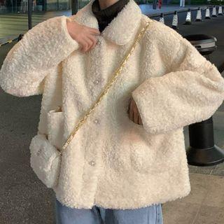 Set: Collared Single-breasted Fleece Jacket + Crossbody Bag