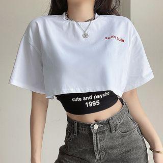 Set: Short-sleeve Lettering Print Cropped T-shirt + Tank Top