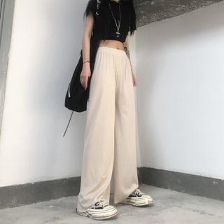 Elastic-waist Plain Straight Leg Pants