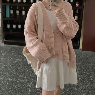 Long-sleeve Shirred A-line Dress / Ribbed Cardigan