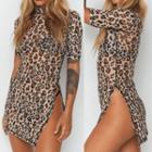 Short-sleeve Leopard Print Slit-hem Mini Bodycon Dress