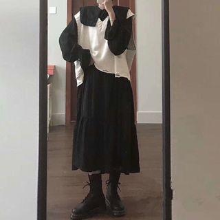 Long-sleeve Collared Midi A-line Dress / Knit Vest / Set