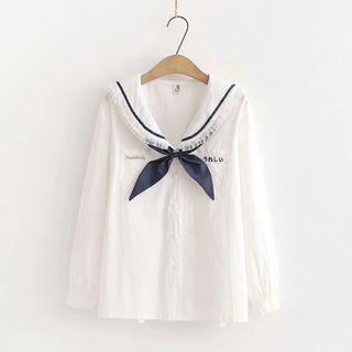 Long-sleeve Japanese Character Sailor-collar Blouse White - One Size