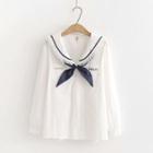 Long-sleeve Japanese Character Sailor-collar Blouse White - One Size