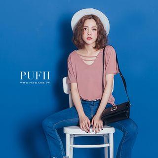 Cutout V-neck Plain Tee