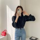Balloon-sleeve Asymmetric-collar Shirt