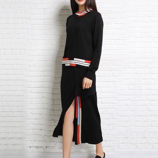 Set: Striped Sweater + Front Slit Midi Skirt