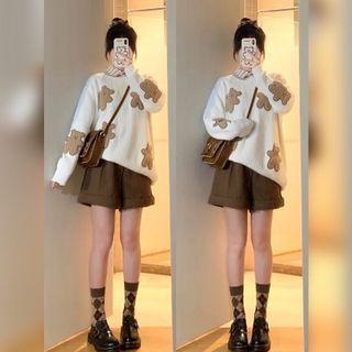 Bear Embroidered Sweater / High Waist Wide Leg Shorts / Set