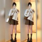 Bear Embroidered Sweater / High Waist Wide Leg Shorts / Set