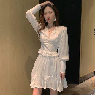 Long-sleeve Ruffle Trim A-line Chiffon Dress White - One Size