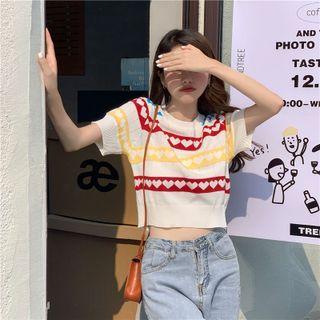 Short-sleeve Heart Print Knit Top White - One Size