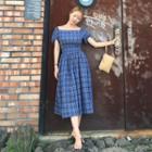 Plaid Short-sleeve Smocked Waist A-line Dress