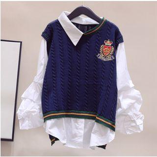 Mock Two-piece Knitted Panel Long-sleeve Top Navy Blue - One Size
