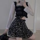 Long-sleeve Lace Cropped Blouse / Shirred Camisole Top / Leopard Print A-line Skirt