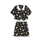 Set: Short-sleeve Floral Print Top + Mini A-line Skirt