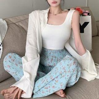 Plain Tank Top / Shirt / Floral High Waist Wide Leg Pants