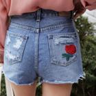 Rose-embroidered Denim Hot Pants