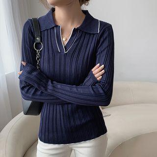 Polo Neck Long-sleeve Ribbed Knit Top