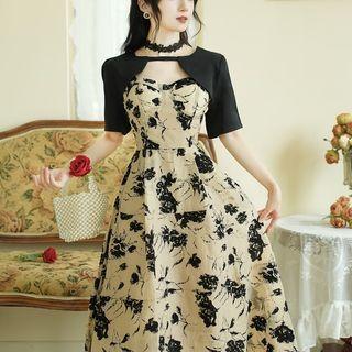 Short-sleeve Crop Top / Spaghetti Strap Floral Midi A-line Dress / Set