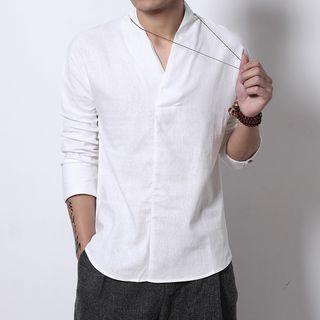 Long-sleeve V-neck Plain Top
