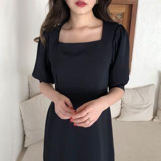 Plain Elbow-sleeve Square-neck Midi Sheath Dress
