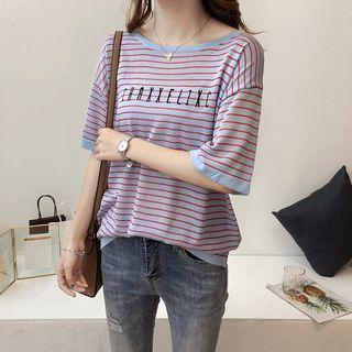 Lettering Striped Short Sleeve Knit T-shirt