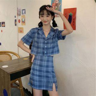 Short-sleeve Plaid Shirt / Mini Pencil Skirt