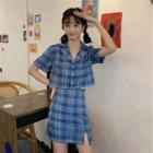 Short-sleeve Plaid Shirt / Mini Pencil Skirt