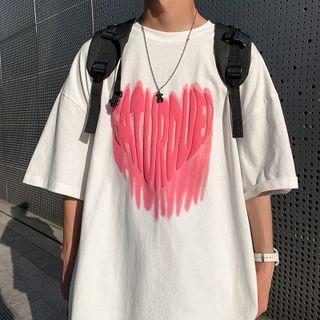 Heart & Lettering Print Oversized Tee