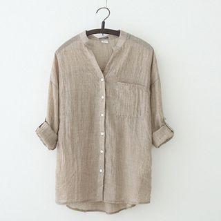 Elbow-sleeve Band Collar Plain Linen Shirt