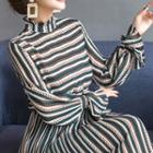 Mock-neck Striped Long-sleeve Midi Dress
